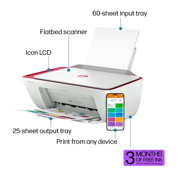 HP DeskJet 2842e (Red) Wireless All-in-One Color Inkjet Printer, Scanner, Copier, 3 Mos. FREE Ink - Image 2