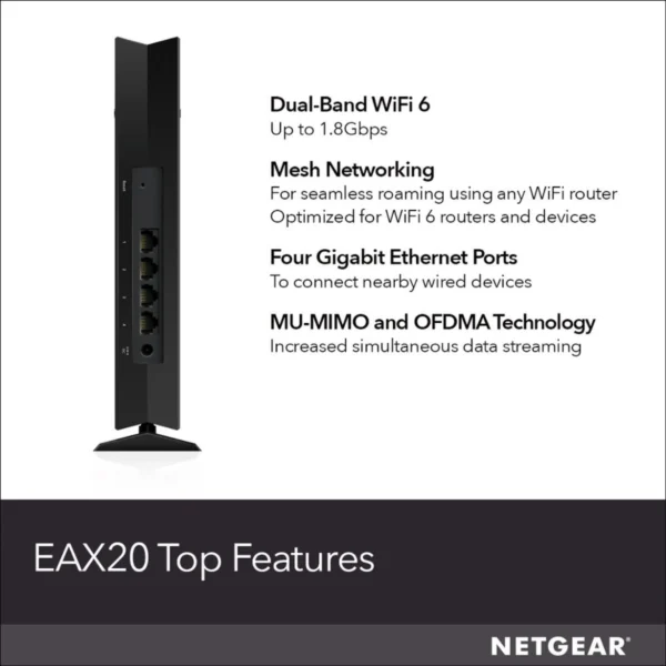 NETGEAR - EAX20 AX1800 Wi-Fi 6 Mesh Desktop Range Extender and Signal Booster - Black - Image 2